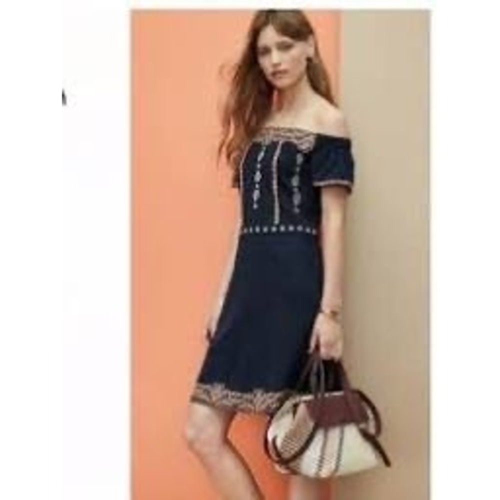 Tory Burch Nell Navy Blue Embroidered Off Shoulder Mini Dress Boho 30372 XS